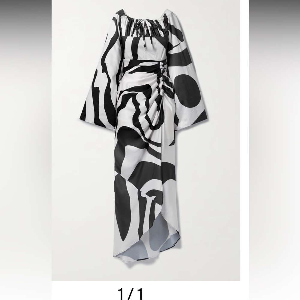 TONGORO
Jama ruched printed satin-twill maxi dress Medium